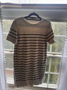 Zara Striped Short Sleeve Knit Dress - Cream with Black Stripes
